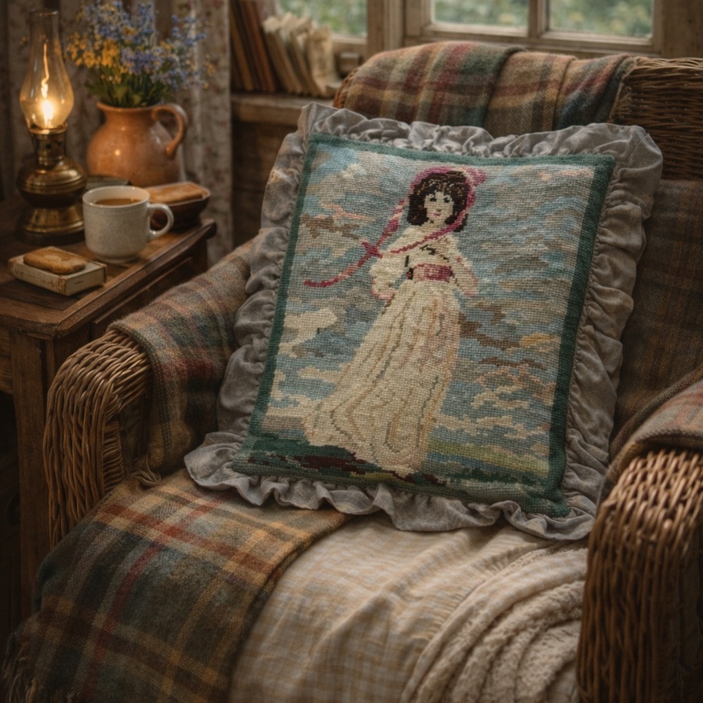 Custom Wool Needlepoint Pillow Cover Sham Grandma Cottagecore Ruffle Trim 20x16” - Picture 10 of 10